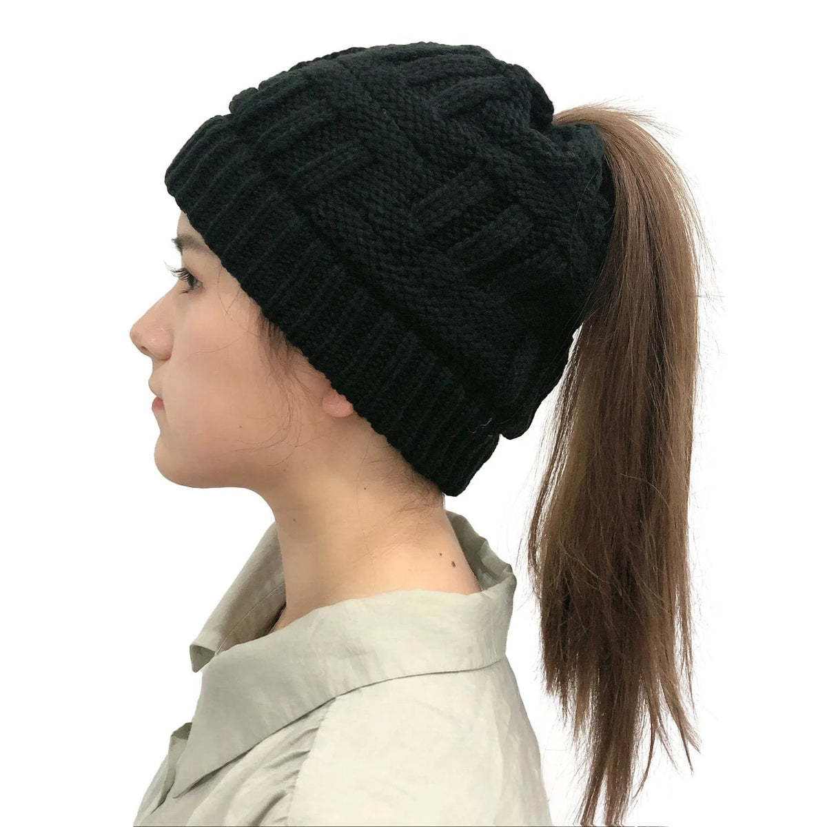 Gebreide Wintermuts met Opening voor Paardenstaart Dames Warm Beanie Skimuts Winteraccessoire Outdoor | Sansoti