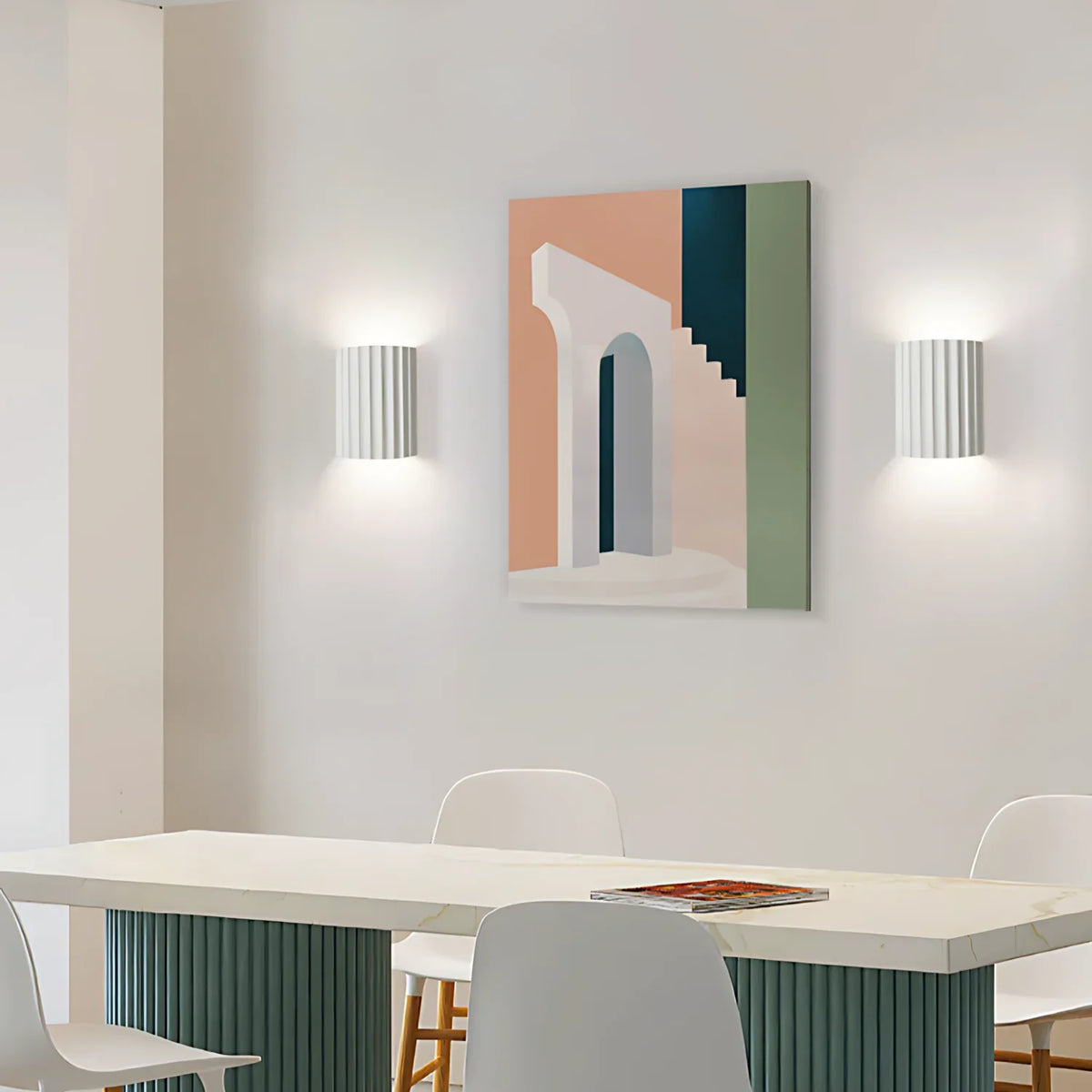 Aplique de pared de resina con forma escultórica ondulada, estilo nórdico, blanco, verde, gris, dormitorio, recibidor | Sansoti
