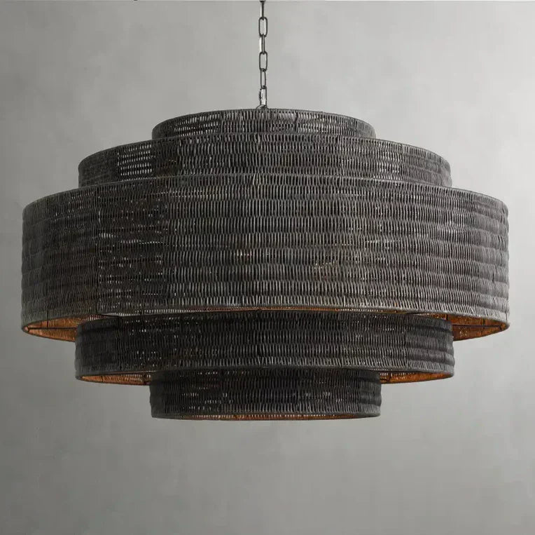 Woven Rattan Chandelier Layered Iron Frame Adjustable Height Pendant Light Dining Room Living Room Lighting | Sansoti