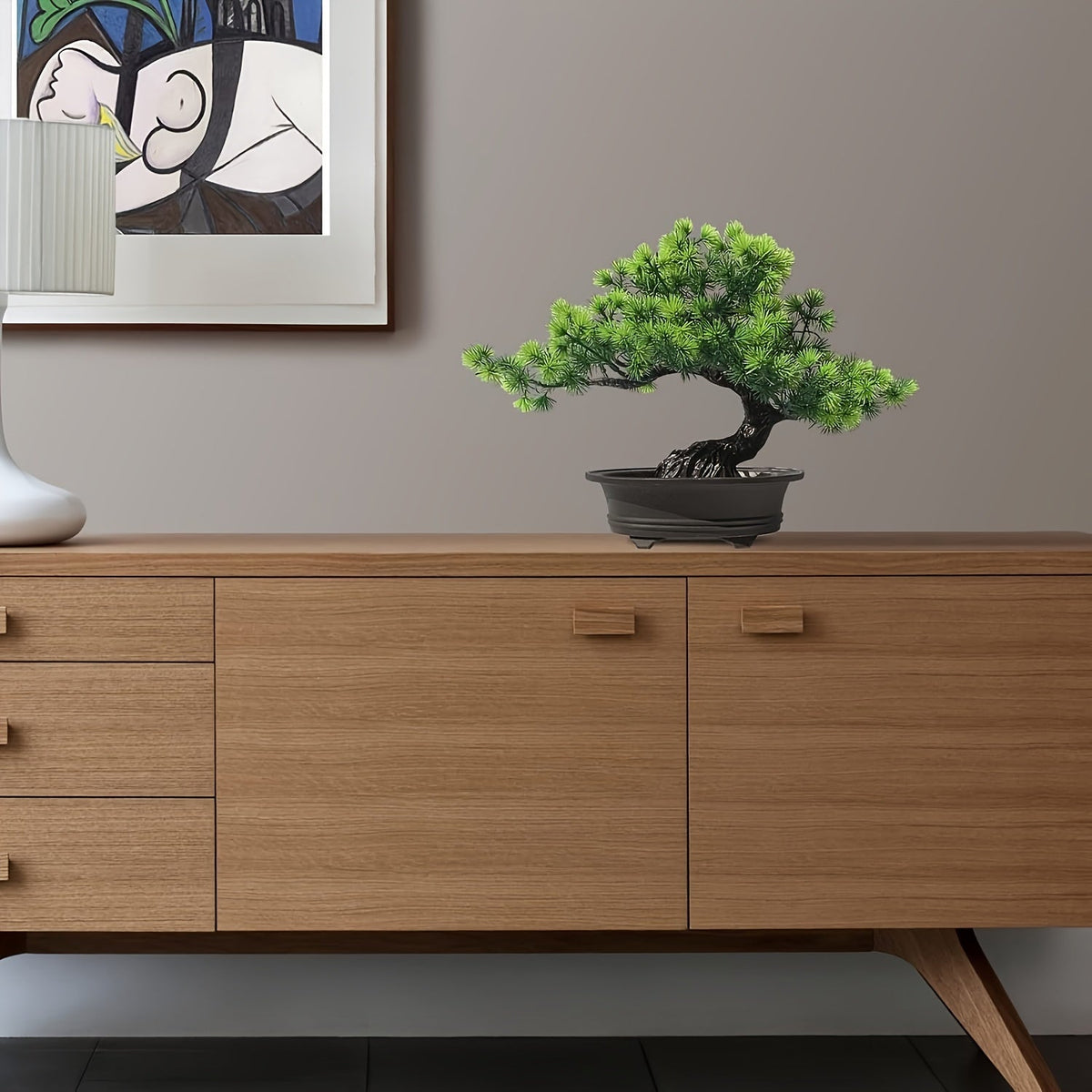 Kunstbonsai 24 cm met Zwarte Pot Realistische Dennennaalden Decoratief Groen voor Vensterbank Bureau Woonkamer | Sansoti