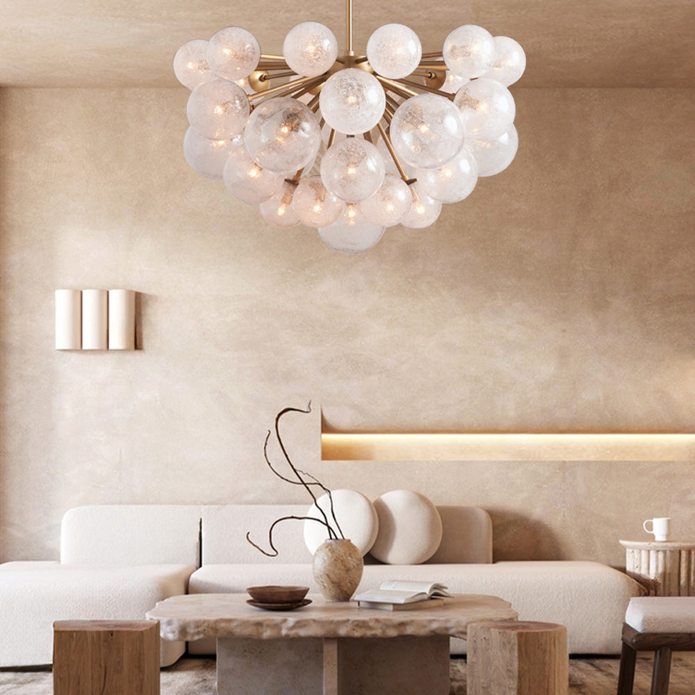 Glass Globe Chandelier, Hand-Blown Glass with Bubble Effect, Brass, Black, Nickel, Adjustable Pendant Lights | Sansoti