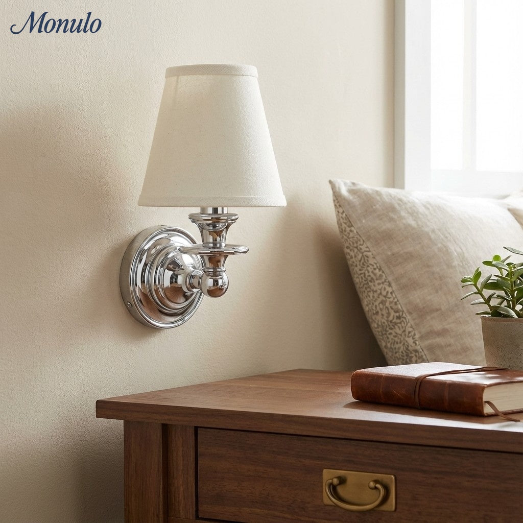 Wall Lamp Adjustable Arm Swan-Neck Fabric Shade Dia 8.9 x H 14 cm Wrought Iron Chrome Black Brass Wall-Mounted | Sansoti