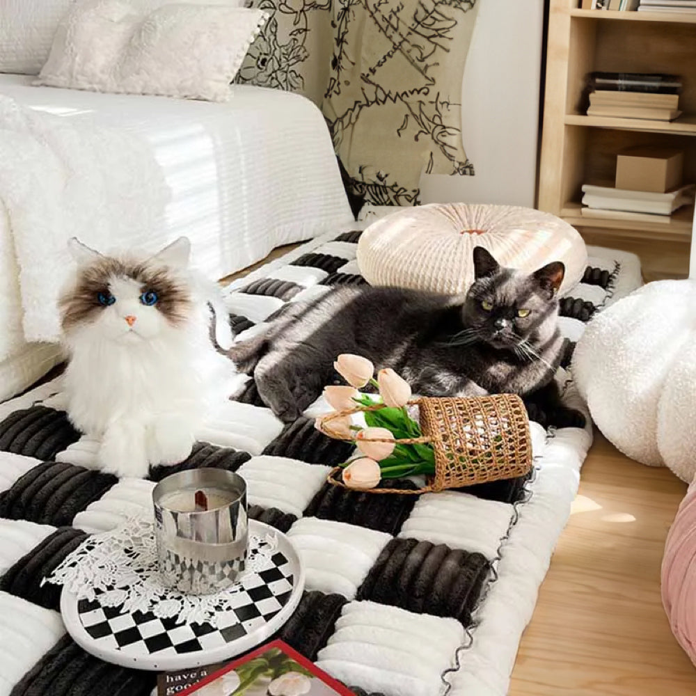 Plush Pet Dog Blanket Square Checked Deep Sleep Mat Sofa Protector Throw Cream-Colored Dog Cat | Sansoti