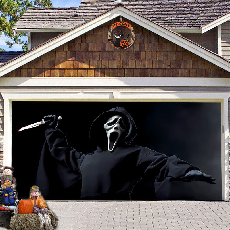Halloween Garagentor Dekoration Gespenstischer Druck Schattenstoff Wiederverwendbar Horror Atmosphäre Stoff Wasserdicht Außen Partydekoration | Sansoti