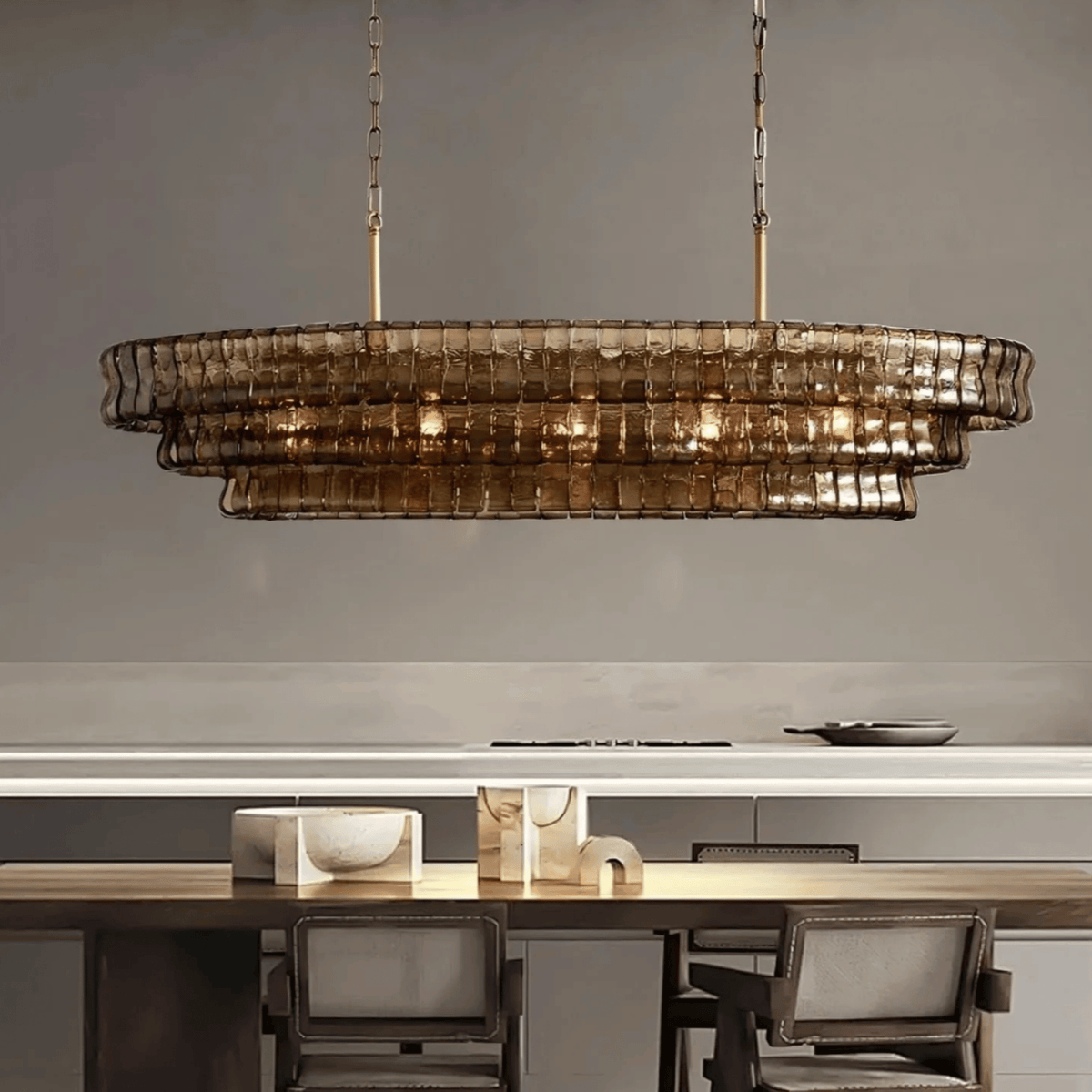 French Chandelier Smoked Glass Gold with Adjustable Light Modes Elongated Elegant Design for Dining Room Living Room | Sansoti