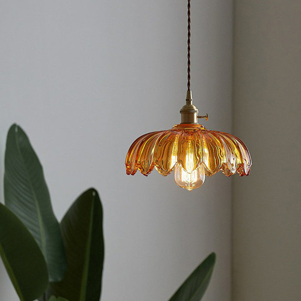 Szklana lampa wisząca Vintage w kształcie kwiatu, zielono-miedziana, 25 cm, lampa pendelowa Retro do salonu i jadalni, romantyczna | Sansoti