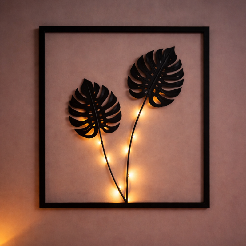 Illuminated LED Photo Frames with Artificial Plant (3 Pieces) Mood Lighting Black Metal | Sansoti