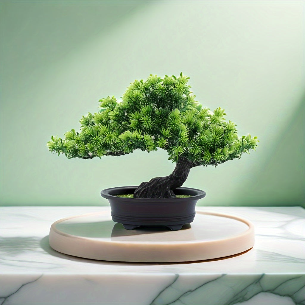 Kunstbonsai 24 cm met Zwarte Pot Realistische Dennennaalden Decoratief Groen voor Vensterbank Bureau Woonkamer | Sansoti