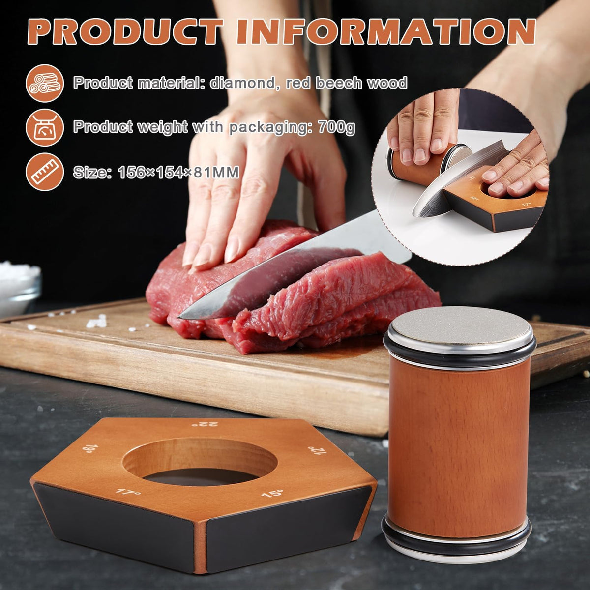 Manual Rolling Knife Sharpener with Diamond Stone Incl. Magnetic Angle Guide for Kitchen Knives, Damascus & Japanese Knives | Sansoti