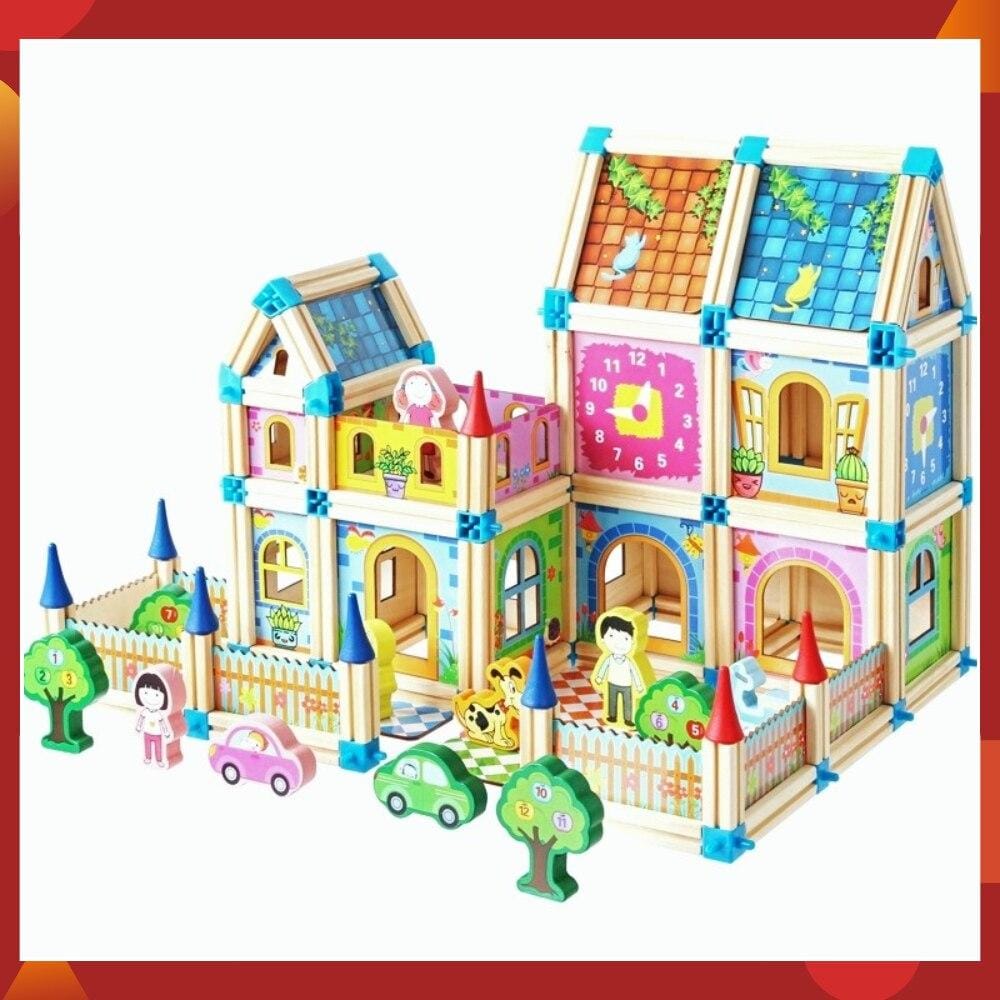 Wooden Dollhouse Building Set, DIY Children's Toy, 268–298 Pieces, Educational Creative Imaginative Play | Sansoti