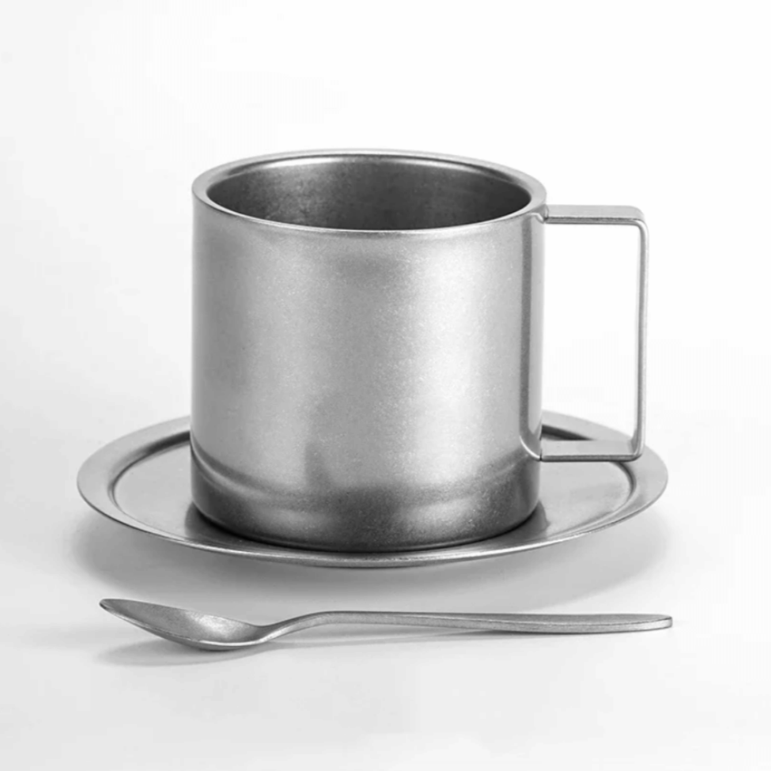 Double-Walled Stainless Steel Coffee Cup with Saucer and Spoon, Vintage-Style Set, 180-280ml Cappuccino Espresso | Sansoti