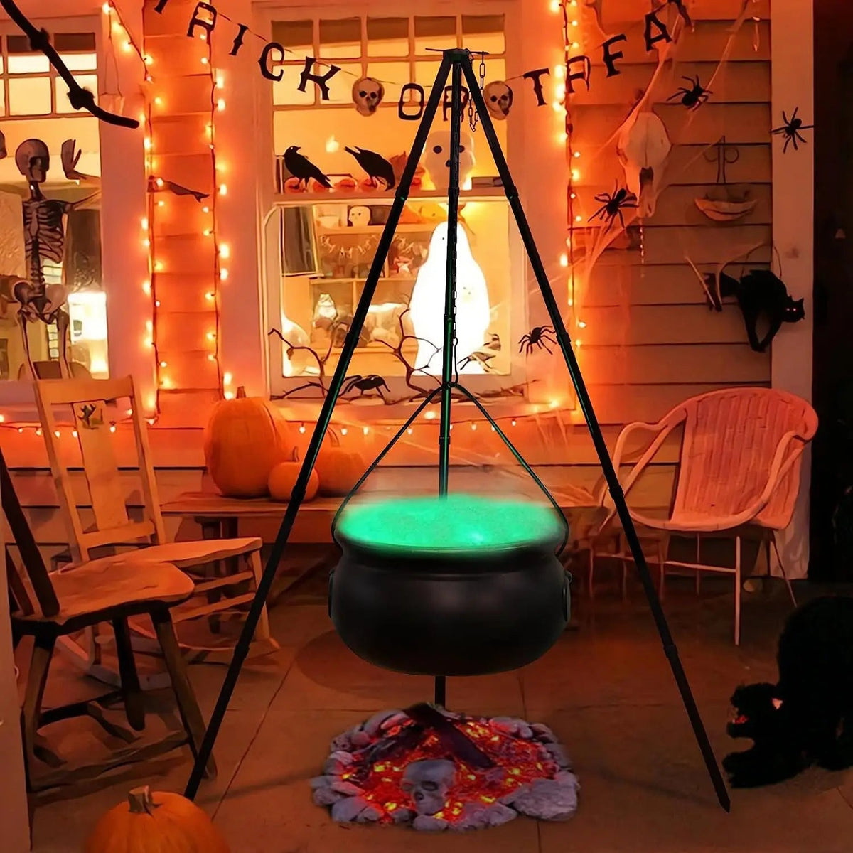 Witch's Cauldron Decoration with LED Lighting on Tripod - Large Outdoor Candy Bowl for Halloween Party | Sansoti