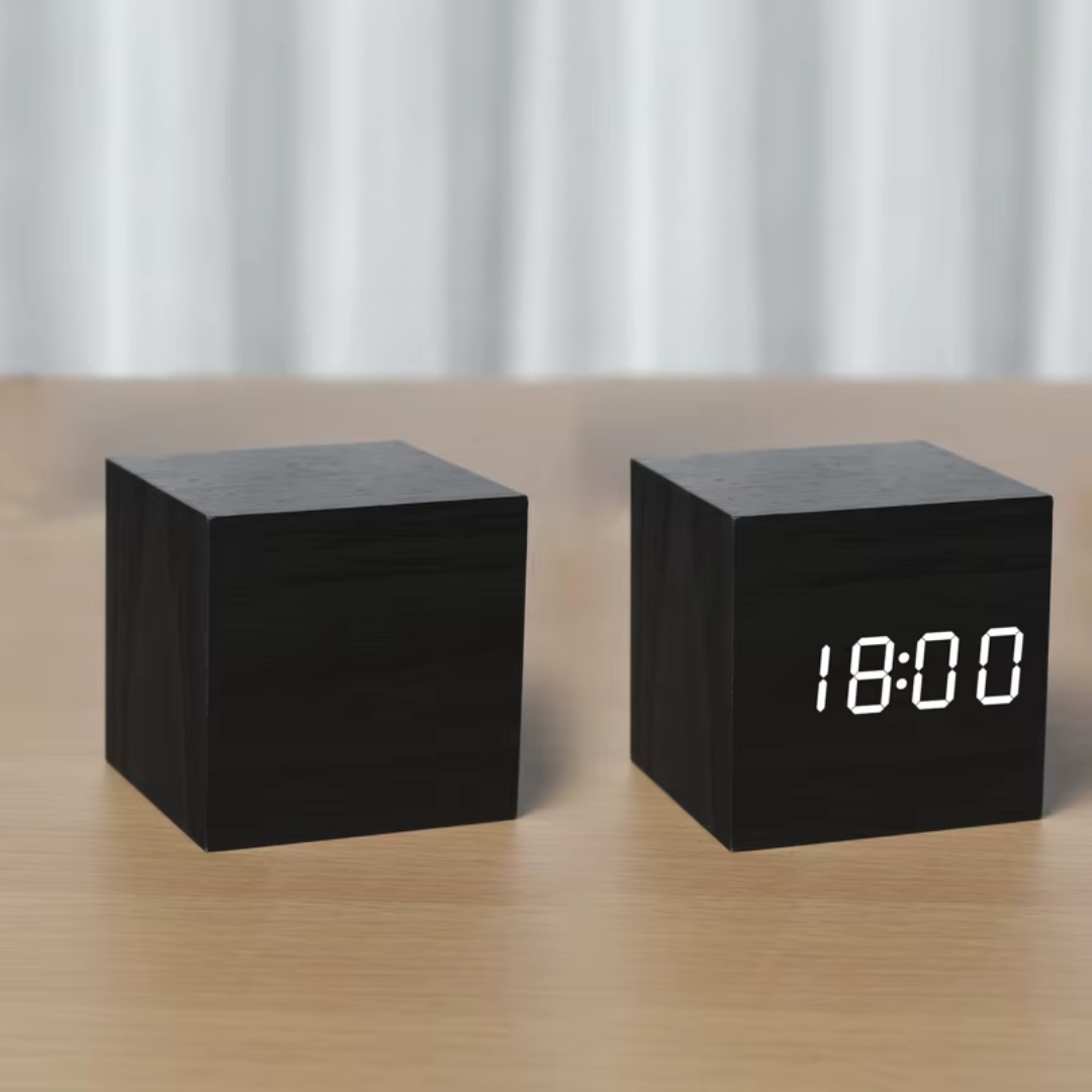 Digital Alarm Clock with LED Light Sensor and Voice Activation – Compact Cube Shape with Multifunctional Display | Sansoti