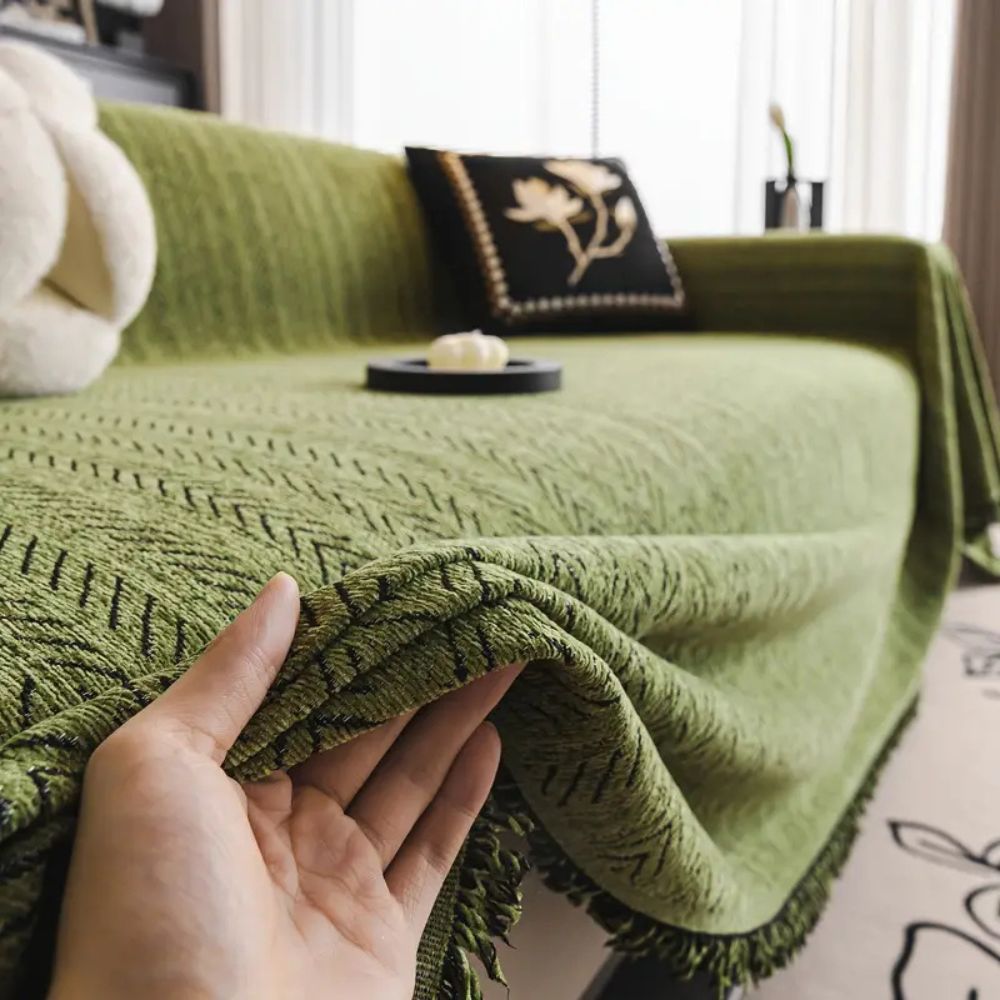 Chenille Sofa Cover with Herringbone Pattern and Fringes – Non-Slip Protective Cover for 2-Seater, 3-Seater, 4-Seater Sofas | Sansoti