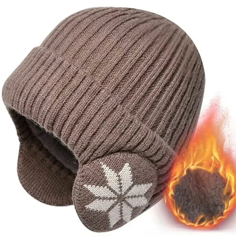 Knitted Winter Hat with Ear Flaps Unisex Warm Beanie Soft Lining Snowflake Pattern Winter Sports | Sansoti