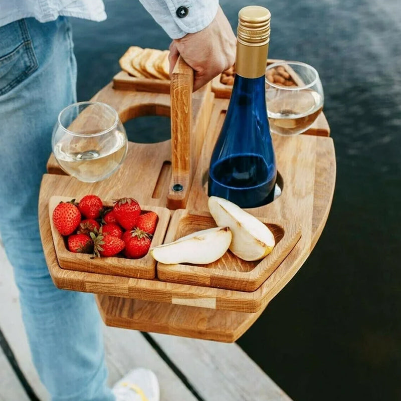 Foldable Wooden Wine Picnic Table with Bottle Holders and Snack Compartments | Portable Wine Serving Set for Outdoors Park Beach Garden Balcony | Sansoti