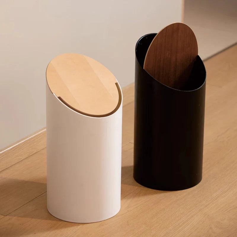 Japandi Abfalleimer mit Schwenkdeckel – walnussfarbene Holzoptik und minimalistisches Design – 9L Schwenk-Abfalleimer für Bad und Büro | Sansoti