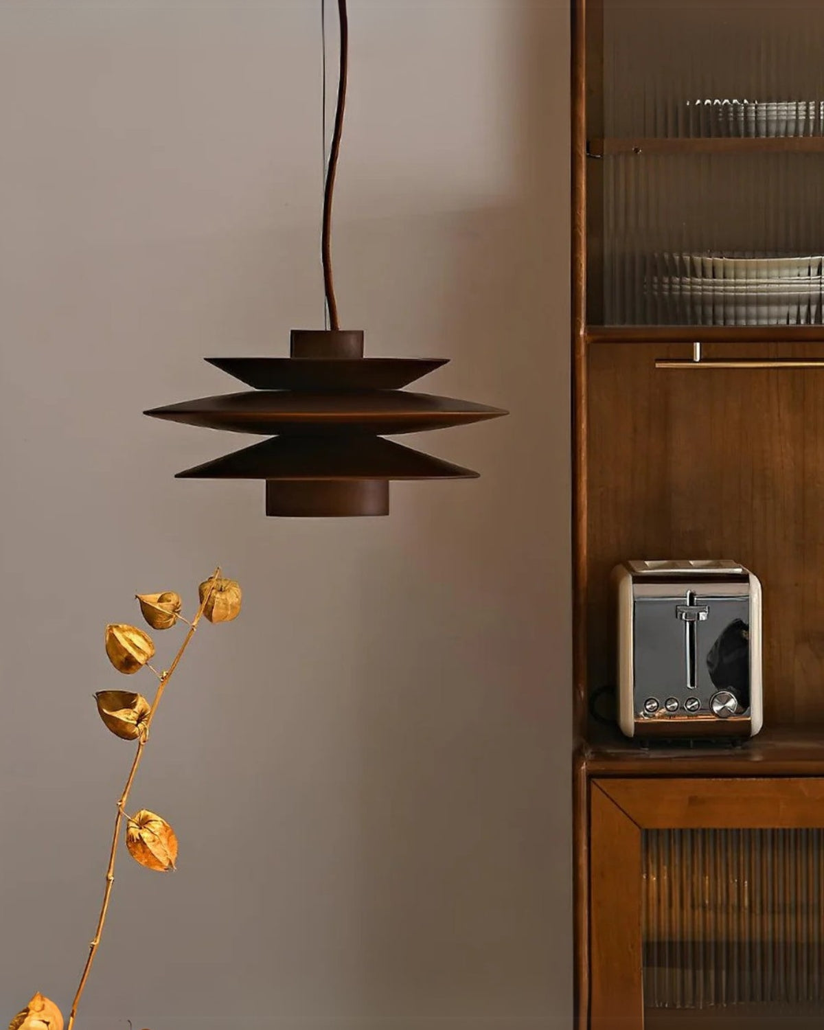 Modern walnut wood pendant lamp with layered design – stylish ceiling lamp for dining room and living room with warm light diffusion | Sansoti