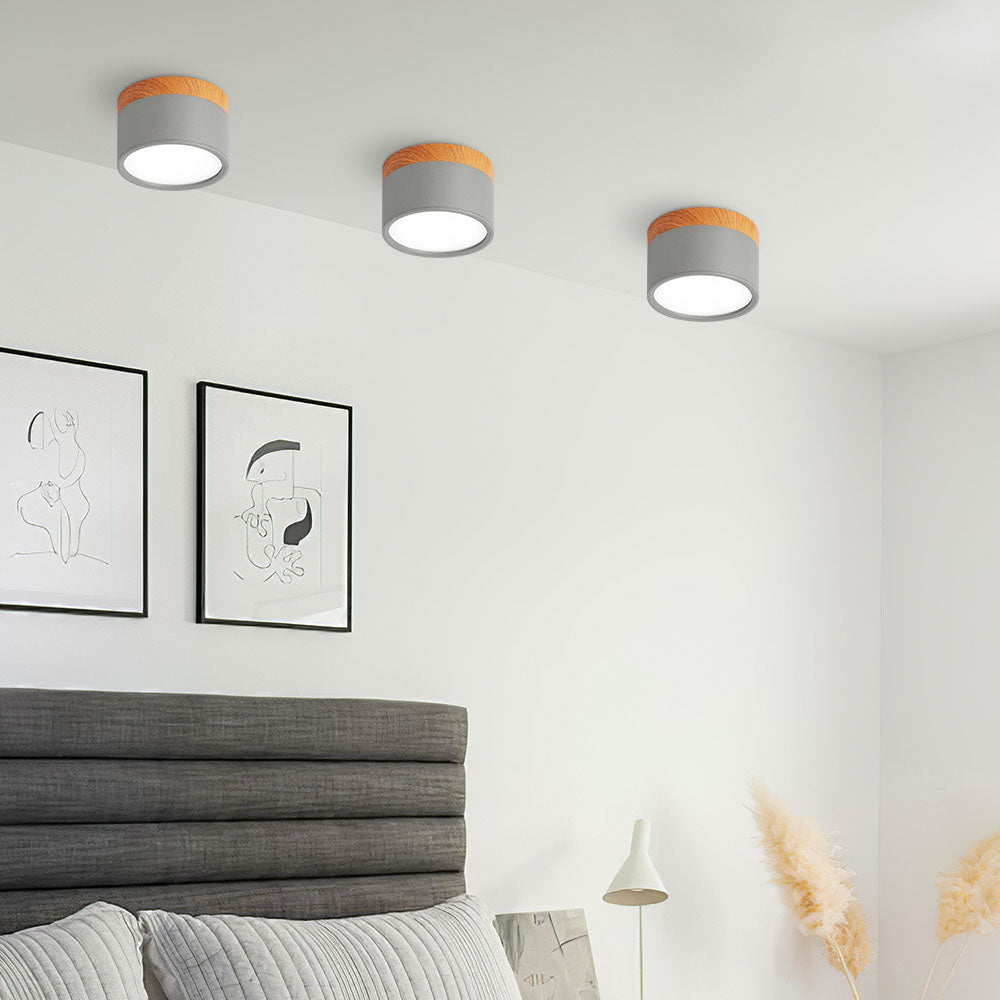 Plafonnier rond moderne en aluminium avec accents en bois et LED, éclairage scandinave pour entrée, salle à manger et salon | Sansoti