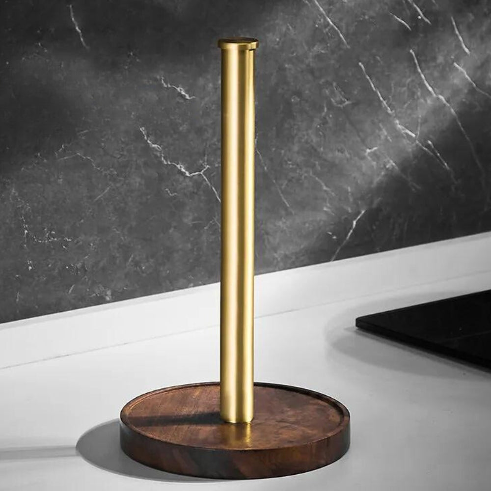 Porte-essuie-tout en bois noyer et acier inoxydable 31 cm, brun foncé, cuisine, sur table, design, accessoire de cuisine, support pour rouleau de papier moderne | Sansoti