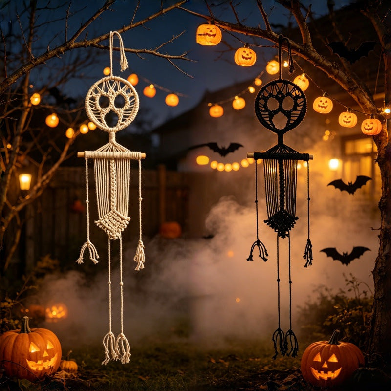 Macramé Wall Decoration Skeleton Black White 2 Pieces Bohemian Gothic Style Wall Hangings Decorative Halloween | Sansoti