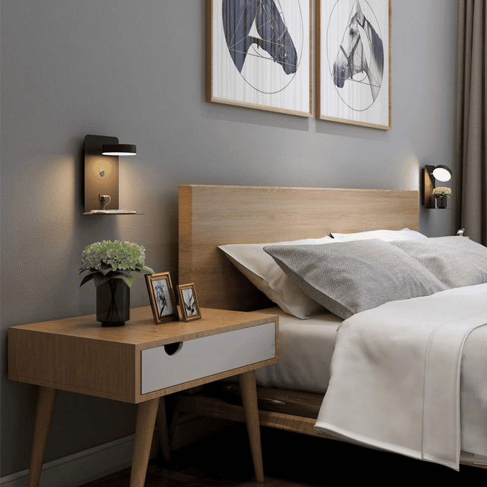 Modern Wall Lamp with Charging Tray and USB Connection for Bedroom Bedside Lighting with Warm Ambient Glow | Sansoti