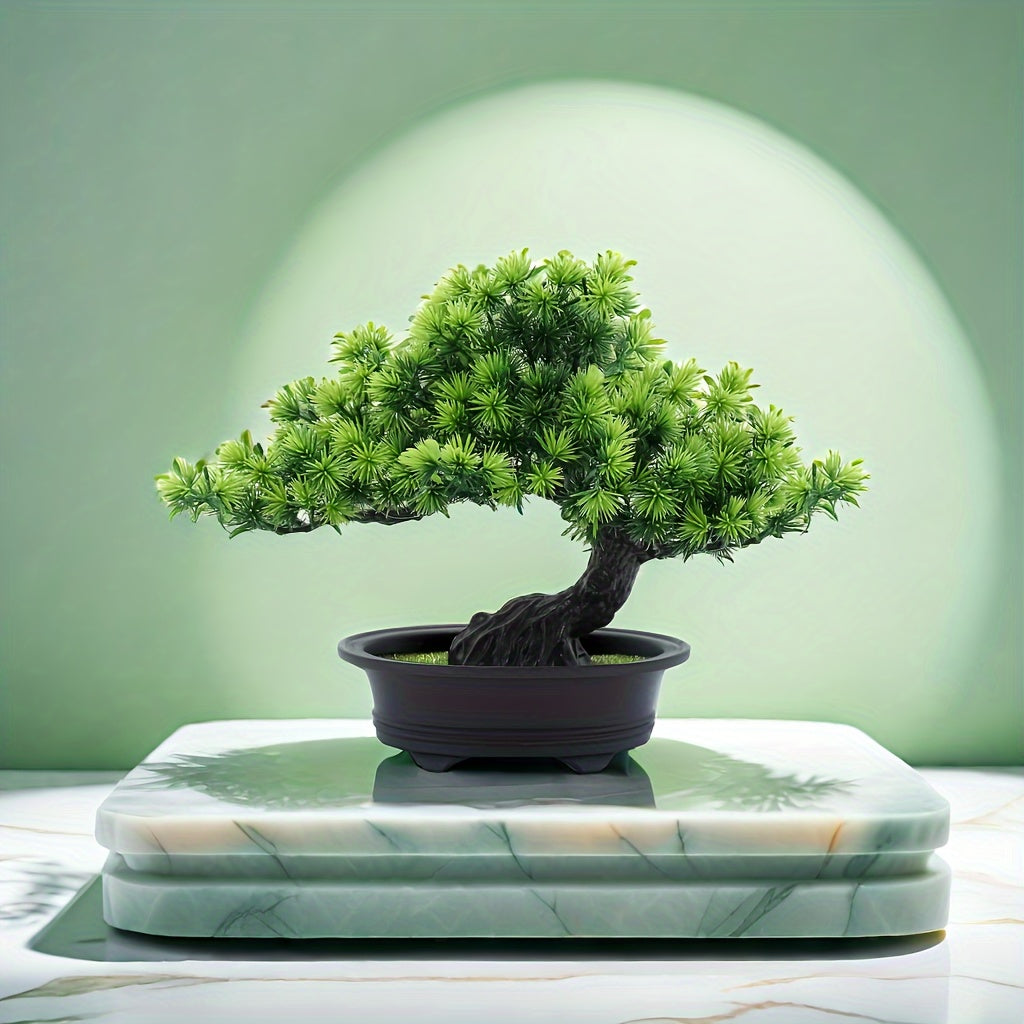 Kunstbonsai 24 cm met Zwarte Pot Realistische Dennennaalden Decoratief Groen voor Vensterbank Bureau Woonkamer | Sansoti