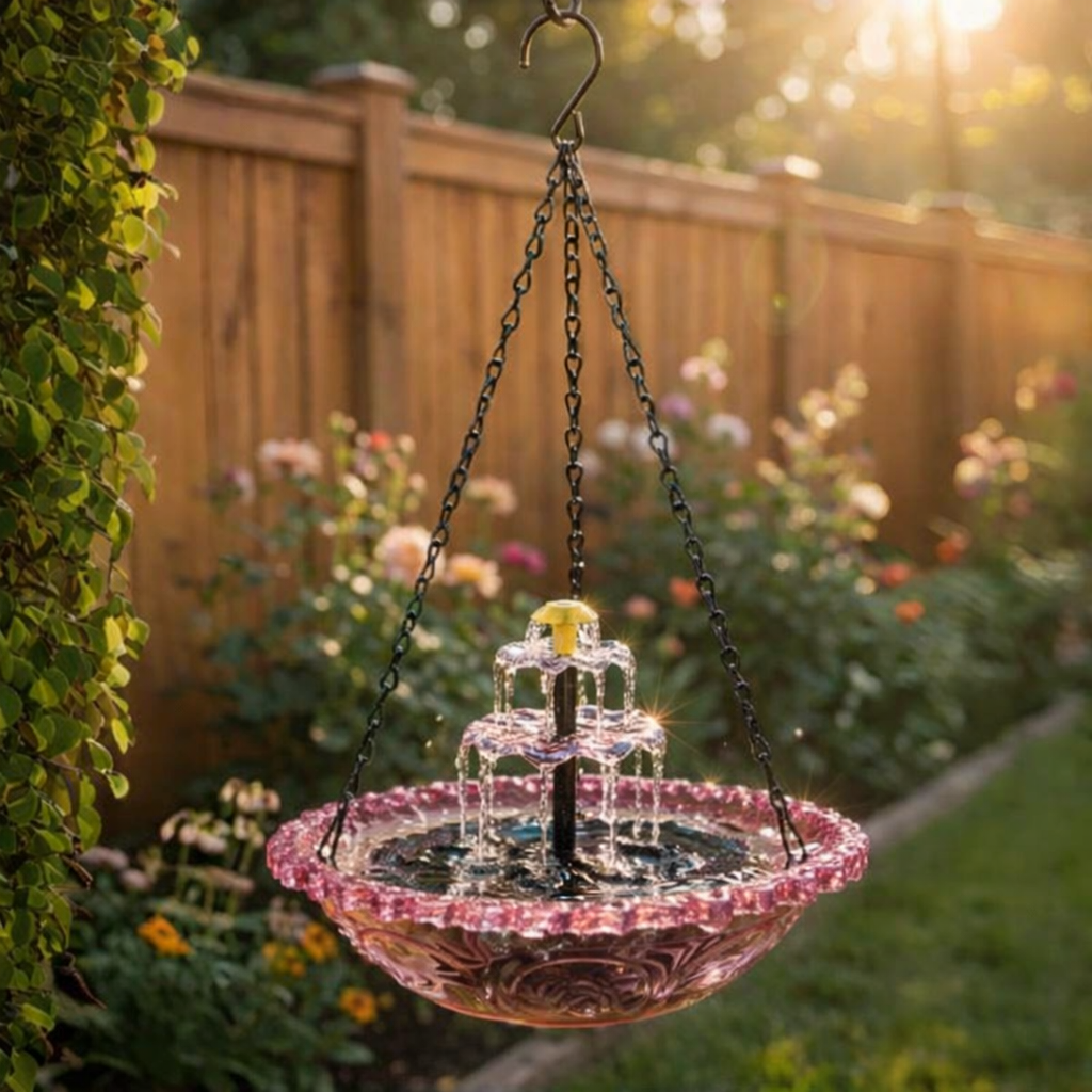 Hängender Sonnenvogel-Trinkbrunnen Glas 2-stufig 25,5cm Garten Terrasse Balkon Solar Kabellos Vogelbad Wasserfall Blau Rosa Schwarz | Sansoti