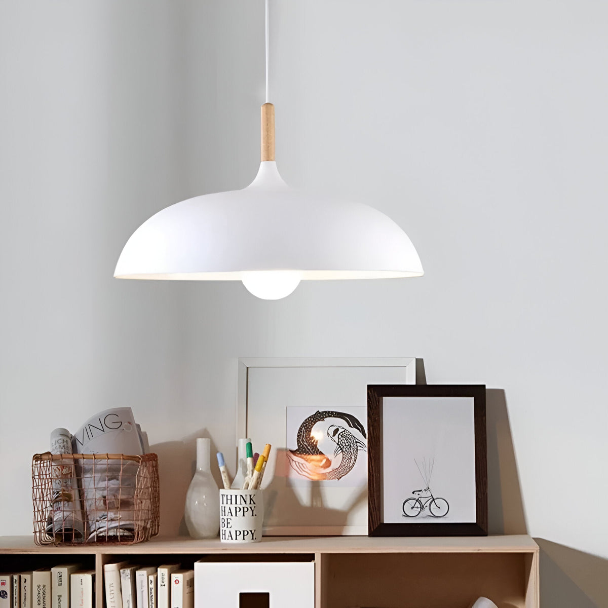 Lámpara colgante de madera y hierro, estilo escandinavo Japandi, redonda, E27, Ø35 Ø60, comedor, cocina | Sansoti