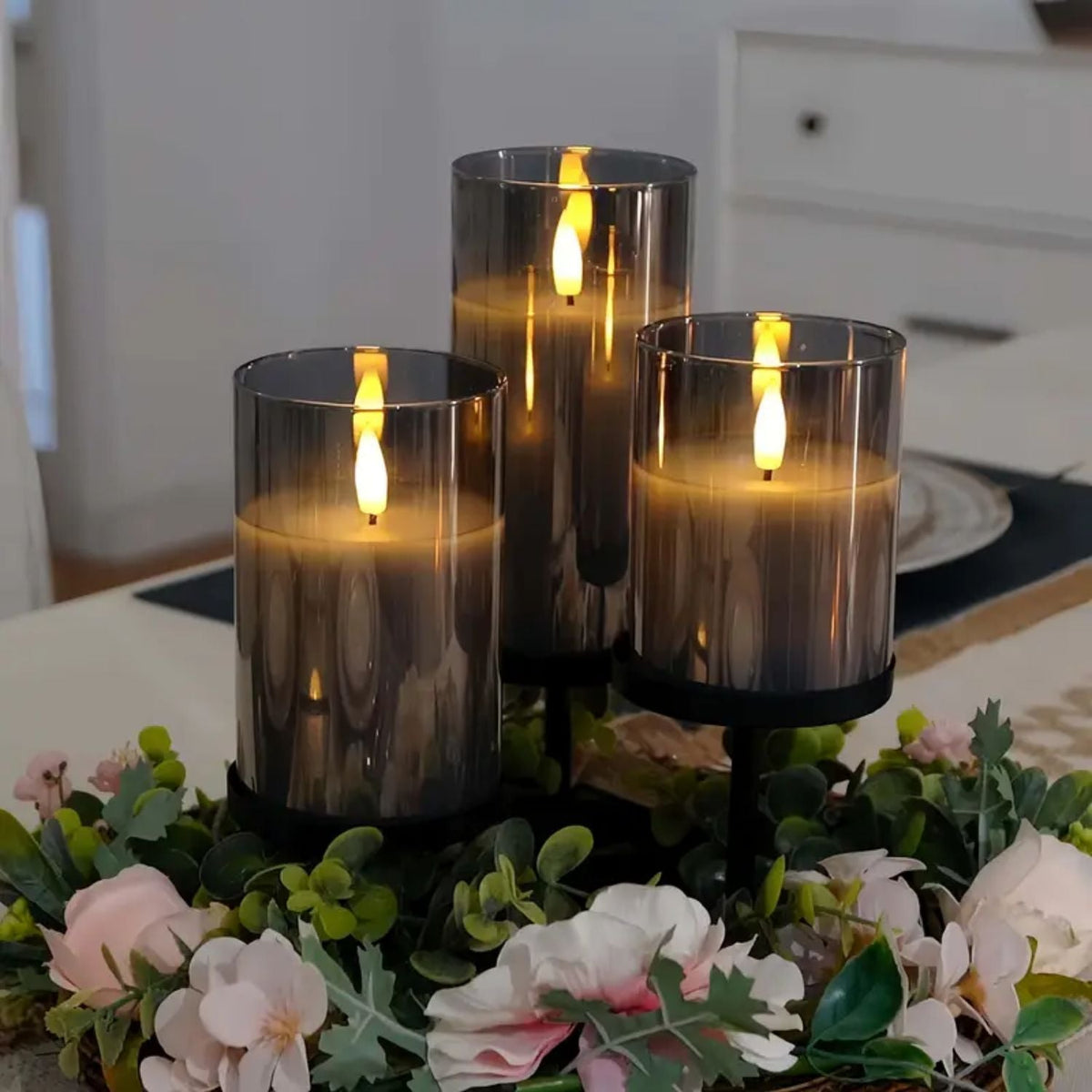 LED candles with remote control glass black mood lighting set timer modern interior living room bedroom decoration realistic flame effect | Sansoti