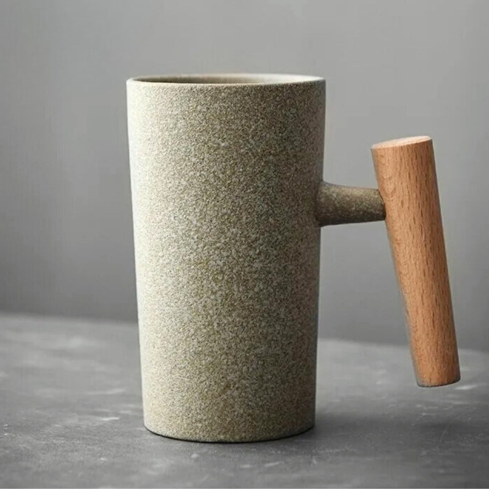 Ceramic Drinking Cup 220ml Earthy Colors Wooden Handle Nature Motifs For Tea Coffee Latte Cappuccino | Sansoti