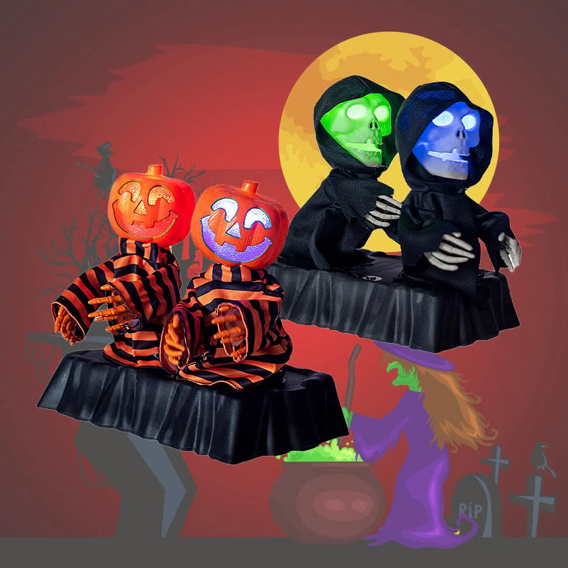 Motorized Halloween Skeleton with Pumpkin Decoration Set, Color-Changing LED with Motion and Sound Effects | Sansoti