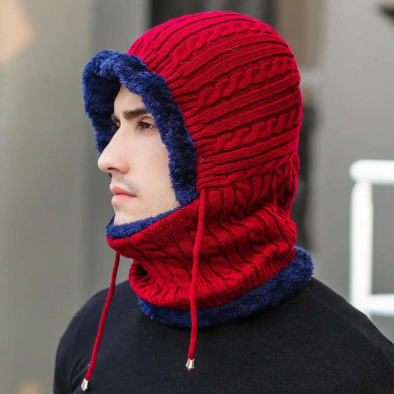 Gestrickte Balaclava-Mütze mit Schal Fleece-gefütterter Winterschal Nackenwärmer Ohrenschützer Unisex-Winterset | Sansoti