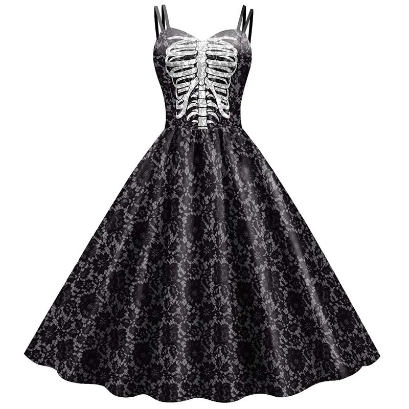 Gothische Feestjurk Dames met Skeletten en Rozen Print Zwart Rood voor Carnaval Halloween Feest Kostuum | Sansoti
