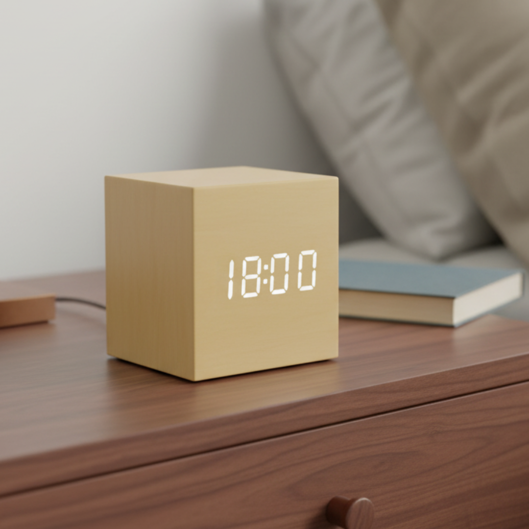 Digital Alarm Clock with LED Light Sensor and Voice Activation – Compact Cube Shape with Multifunctional Display | Sansoti