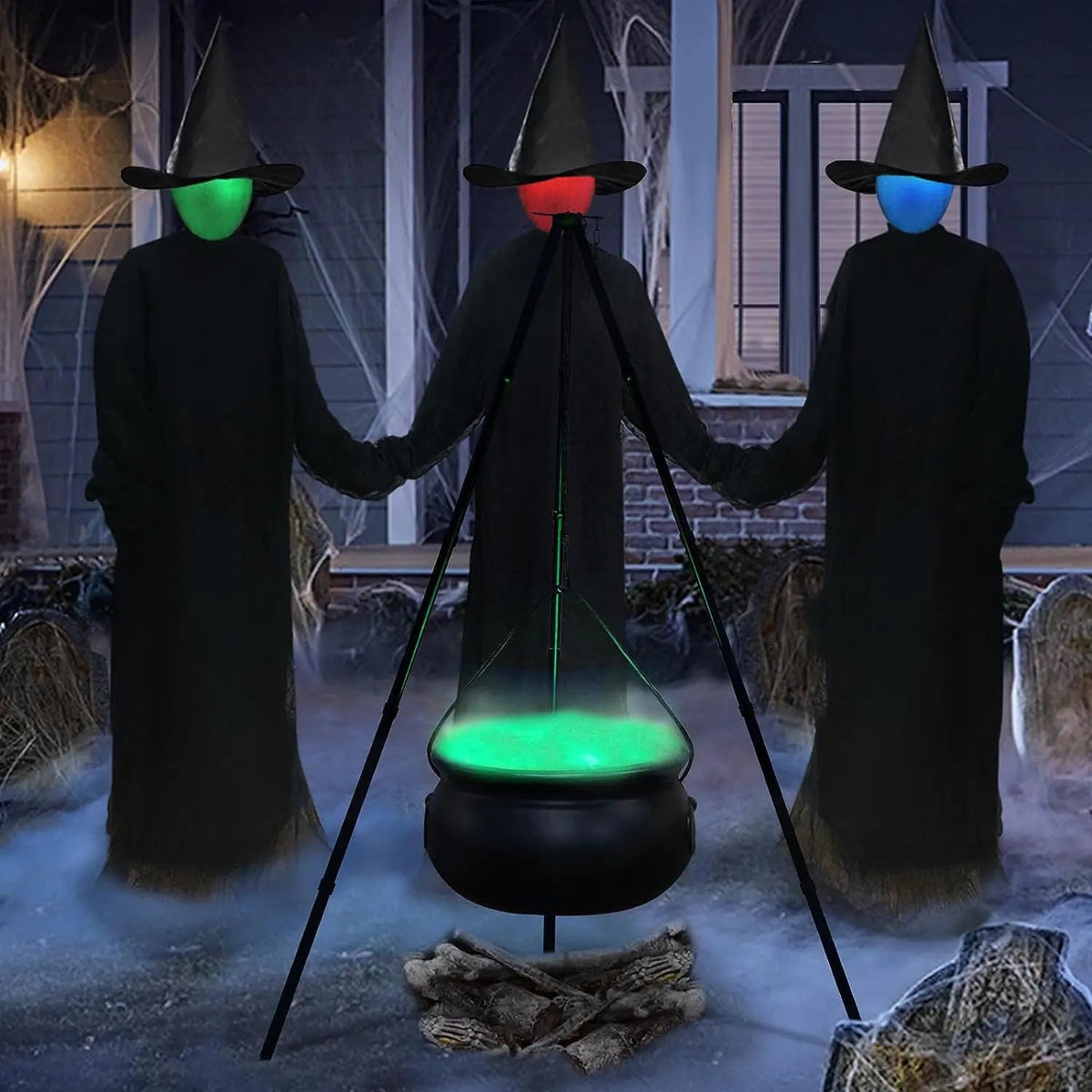 Witch's Cauldron Decoration with LED Lighting on Tripod - Large Outdoor Candy Bowl for Halloween Party | Sansoti
