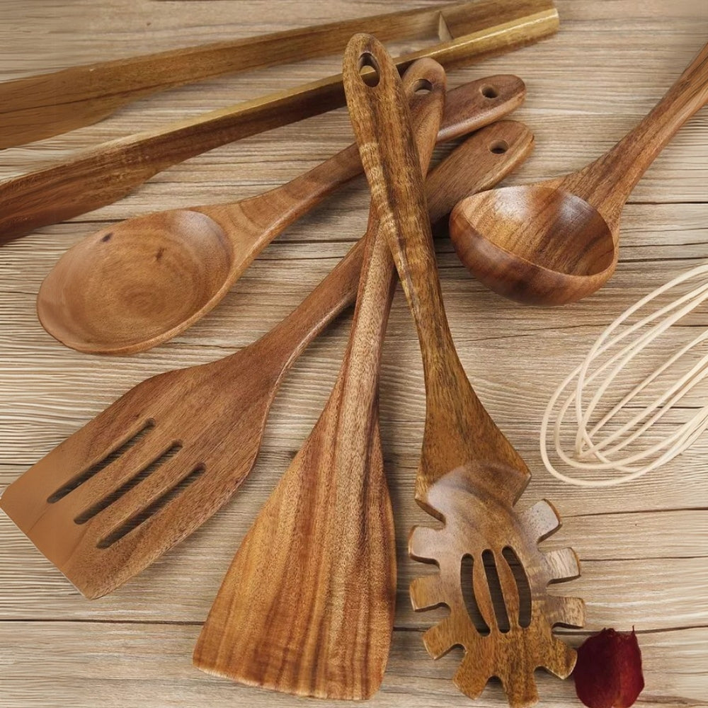 Kitchen Utensil Set of 7 Pieces Beech Wood Durable Heat-Resistant Non-Stick Cookware | Sansoti