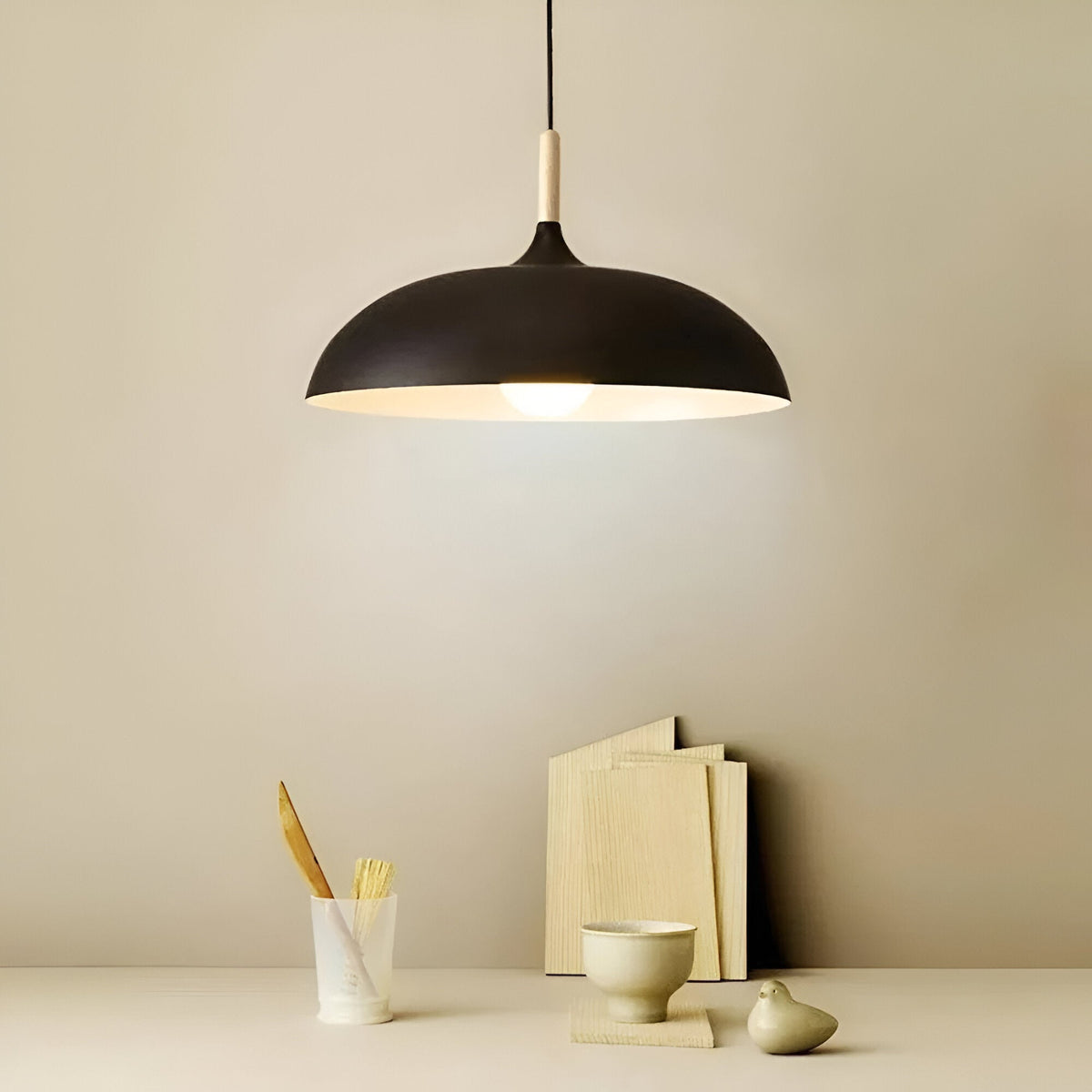 Lámpara colgante de madera y hierro, estilo escandinavo Japandi, redonda, E27, Ø35 Ø60, comedor, cocina | Sansoti