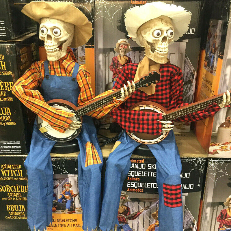 Animiertes Skelett-Banjo-Musiker-Dekorationsset mit Bewegung, Ton und Licht für Halloween-Themenparty | Sansoti