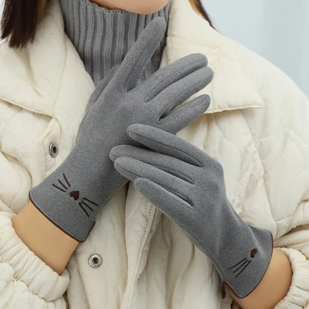 Touchscreen Winterhandschoenen Dames met Kattenprint Fleece Gevoerde Warme Strechhandschoenen Grijs Beige | Sansoti