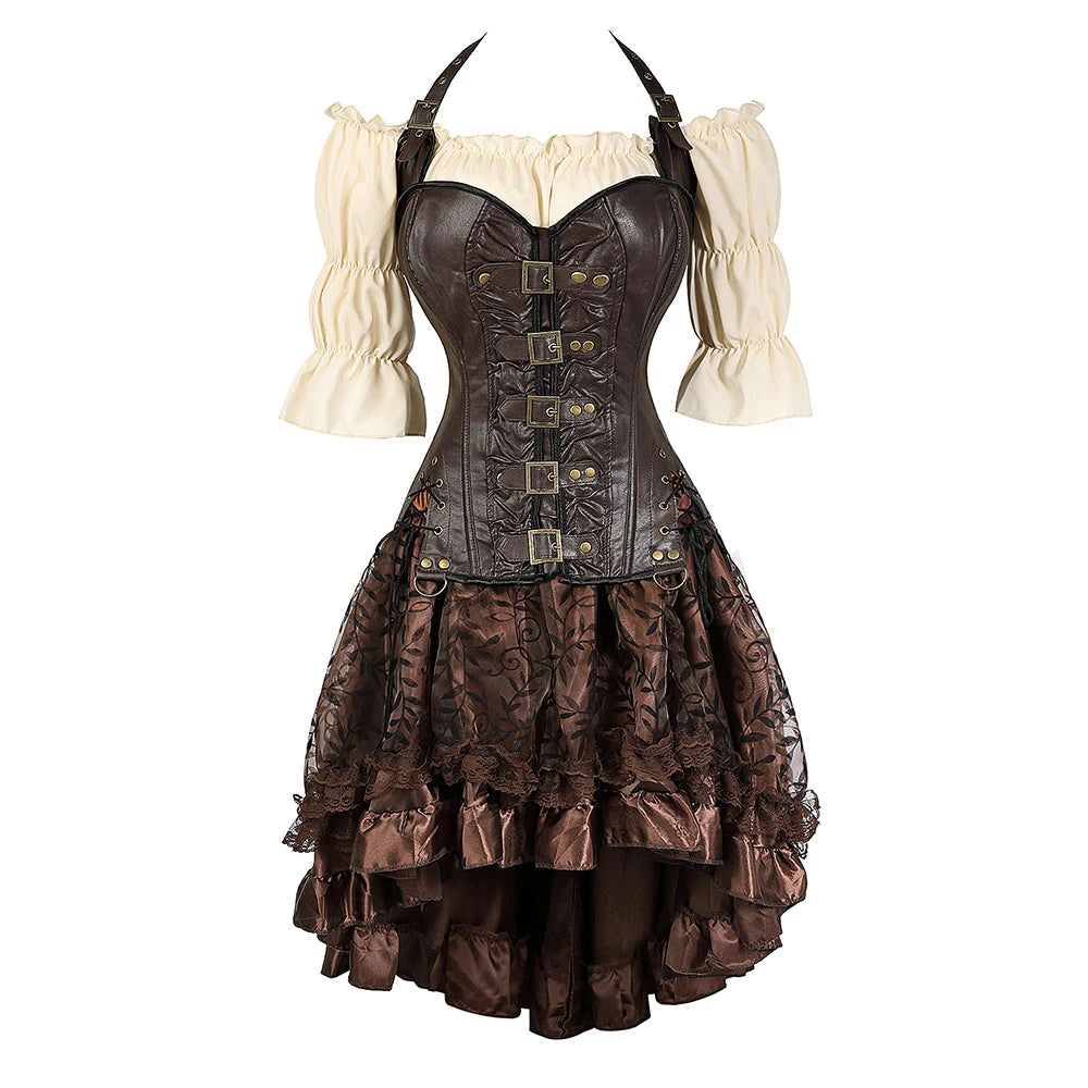 Piraten Korset Kostuum Set Kunstleer Off-Shoulder Blouse Gelaagde Rok Steampunk Gothic Halloween Verkleedkleding | Sansoti