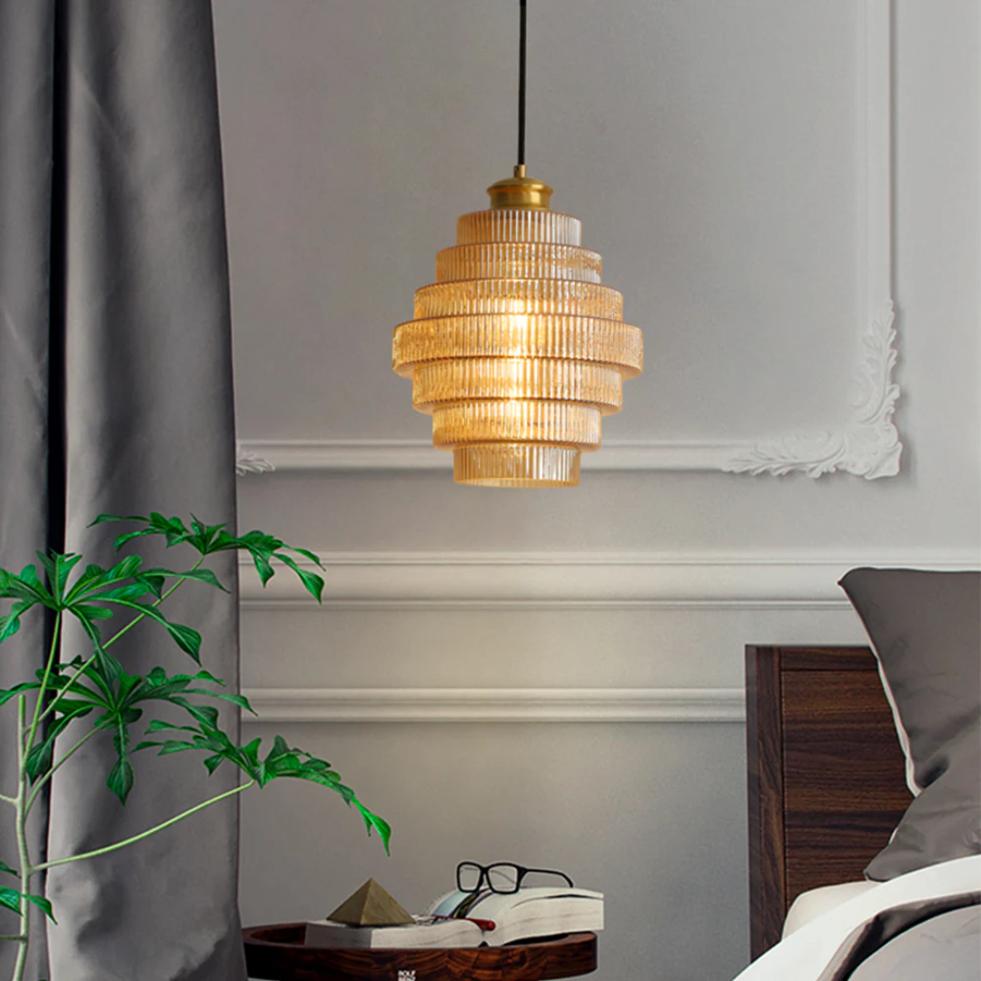 Hanglamp Glas Geribbeld Messing Gelaagd Woonkamer Eettafel Sfeerverlichting Vintage Design | Sansoti