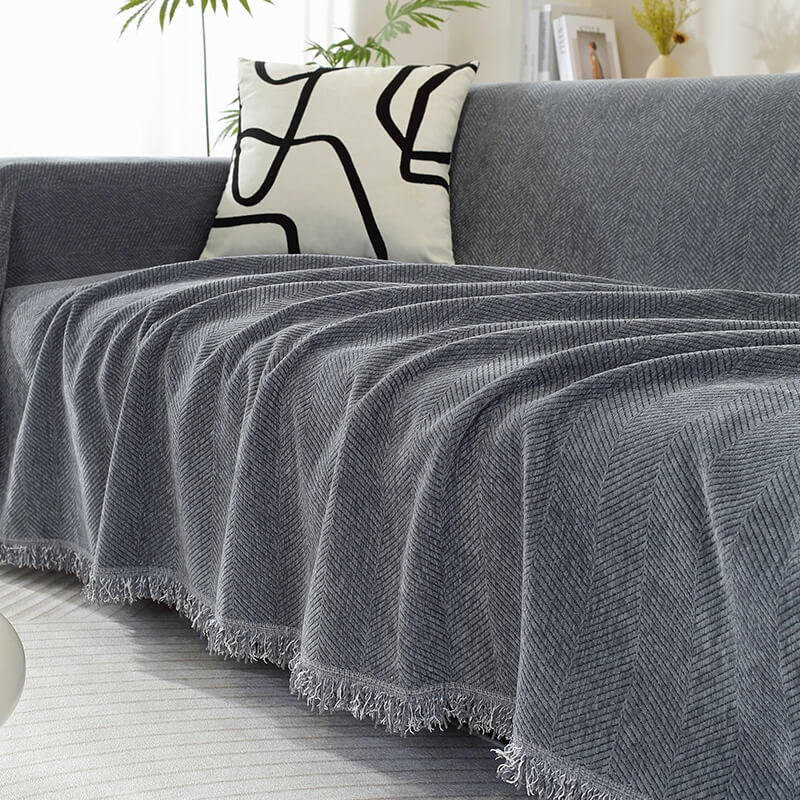 Chenille Throw with Herringbone Pattern and Tassels – Soft Sofa Blanket 180x130cm – Decorative Home Throw for Sofa | Sansoti