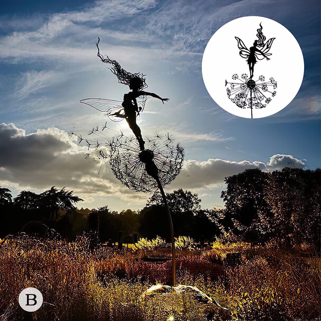 Gartenornament Fee als Silhouette mit Löwenzahn aus Metall, wetterfest, Dekoration für Blumenbeete, Beeteinfassungen und Rasenflächen | Sansoti