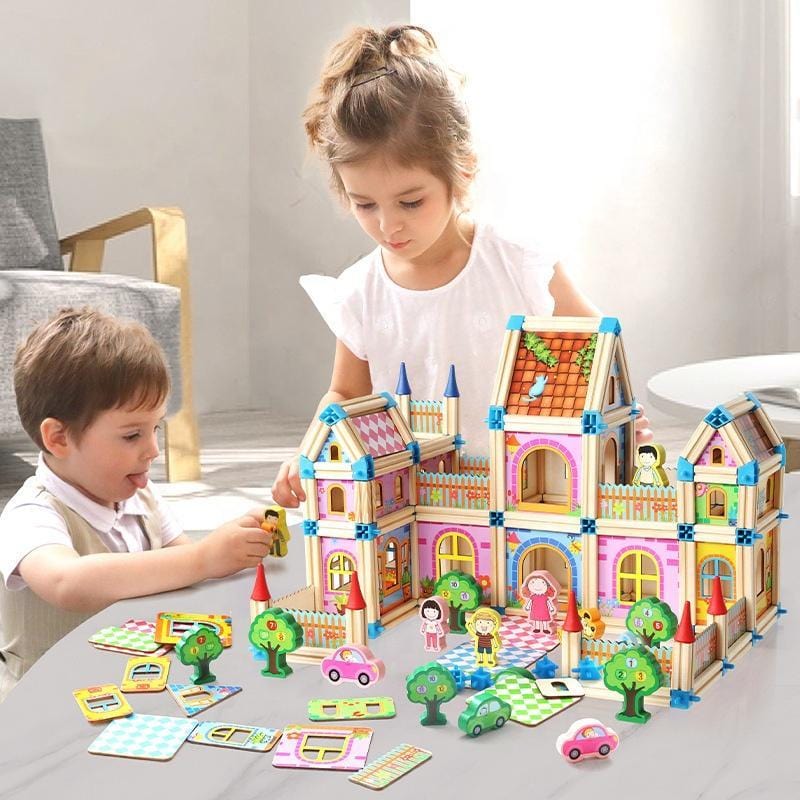 Wooden Dollhouse Building Set, DIY Children's Toy, 268–298 Pieces, Educational Creative Imaginative Play | Sansoti