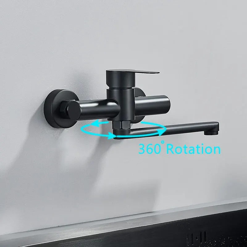 Wall Faucet with Double Handle – 360° Rotatable Faucet for Hot & Cold Water