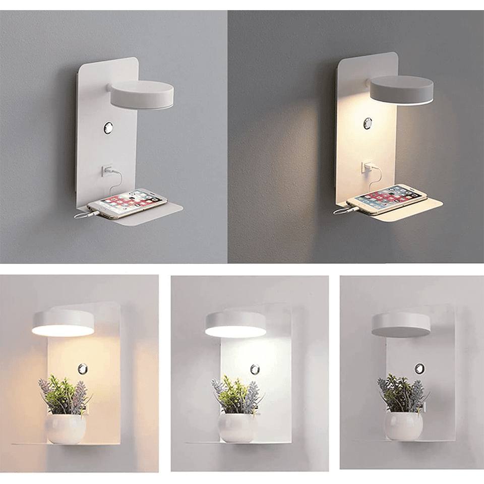 Modern Wall Lamp with Charging Tray and USB Connection for Bedroom Bedside Lighting with Warm Ambient Glow | Sansoti