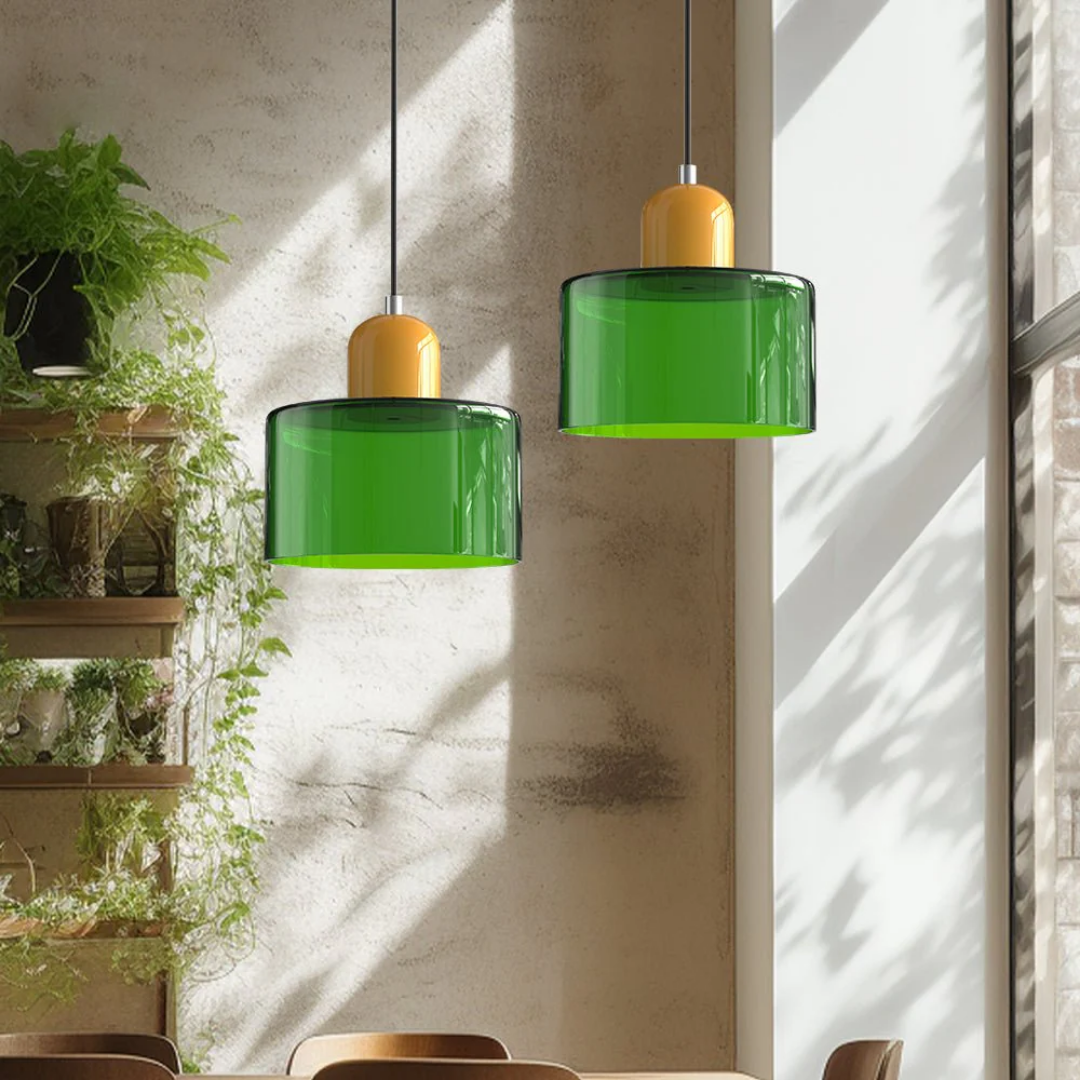 Suspension vintage en verre coloré et métal réglable, éclairage d’ambiance pour coin repas, plafonnier au design rétro | Sansoti