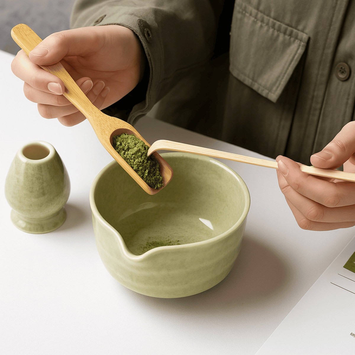Matcha-Tee-Set 6-teilig Keramik Bambusbesen Schale Löffel Sieb Traditionelle japanische Zeremonie und Zubereitung | Sansoti