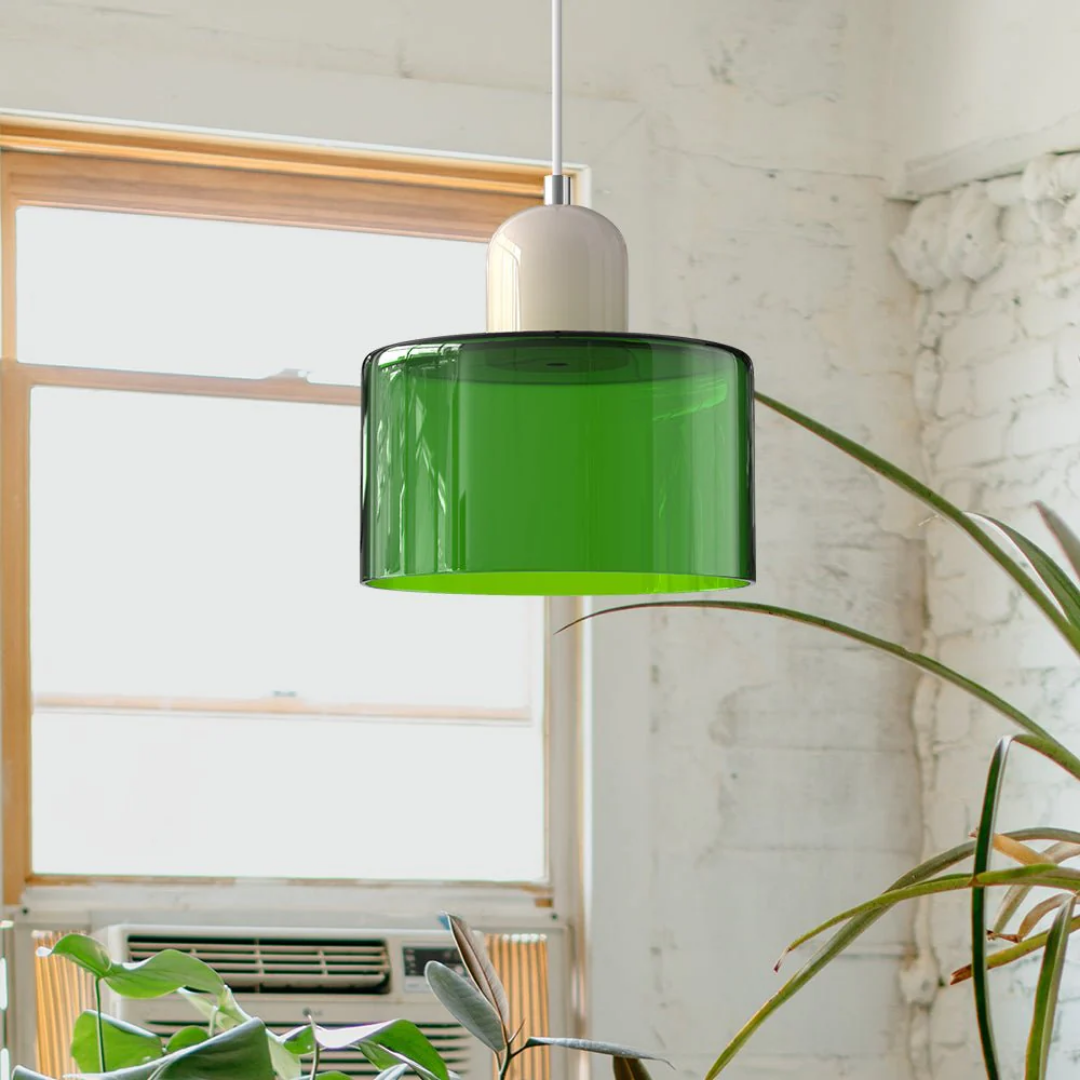 Suspension vintage en verre coloré et métal réglable, éclairage d’ambiance pour coin repas, plafonnier au design rétro | Sansoti